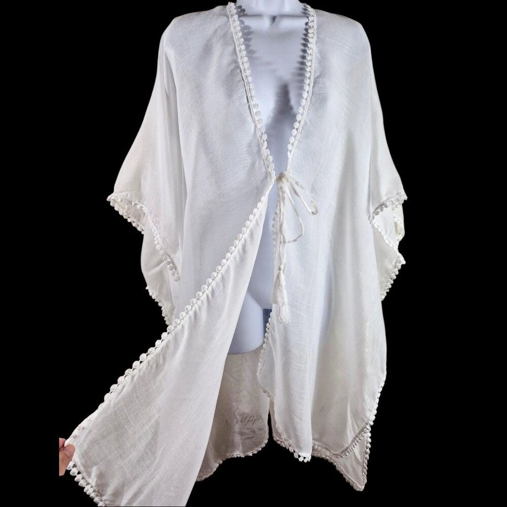 Rachel Zoe O/S White Crochet Lace Coastal Flowy Cover Up Tassel Tie Sheer Kimono - Picture 5 of 10